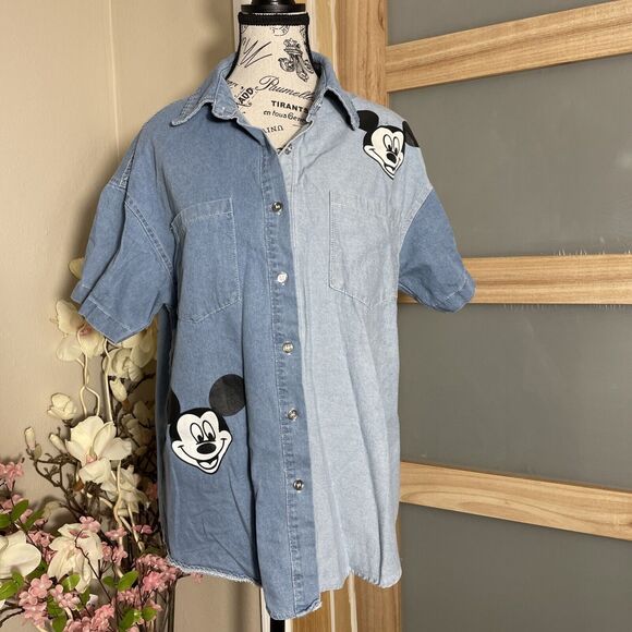 Disney Tops - Disney Mickey Mouse Denim Button Up Shirt Women's Short Sleeve Character Top